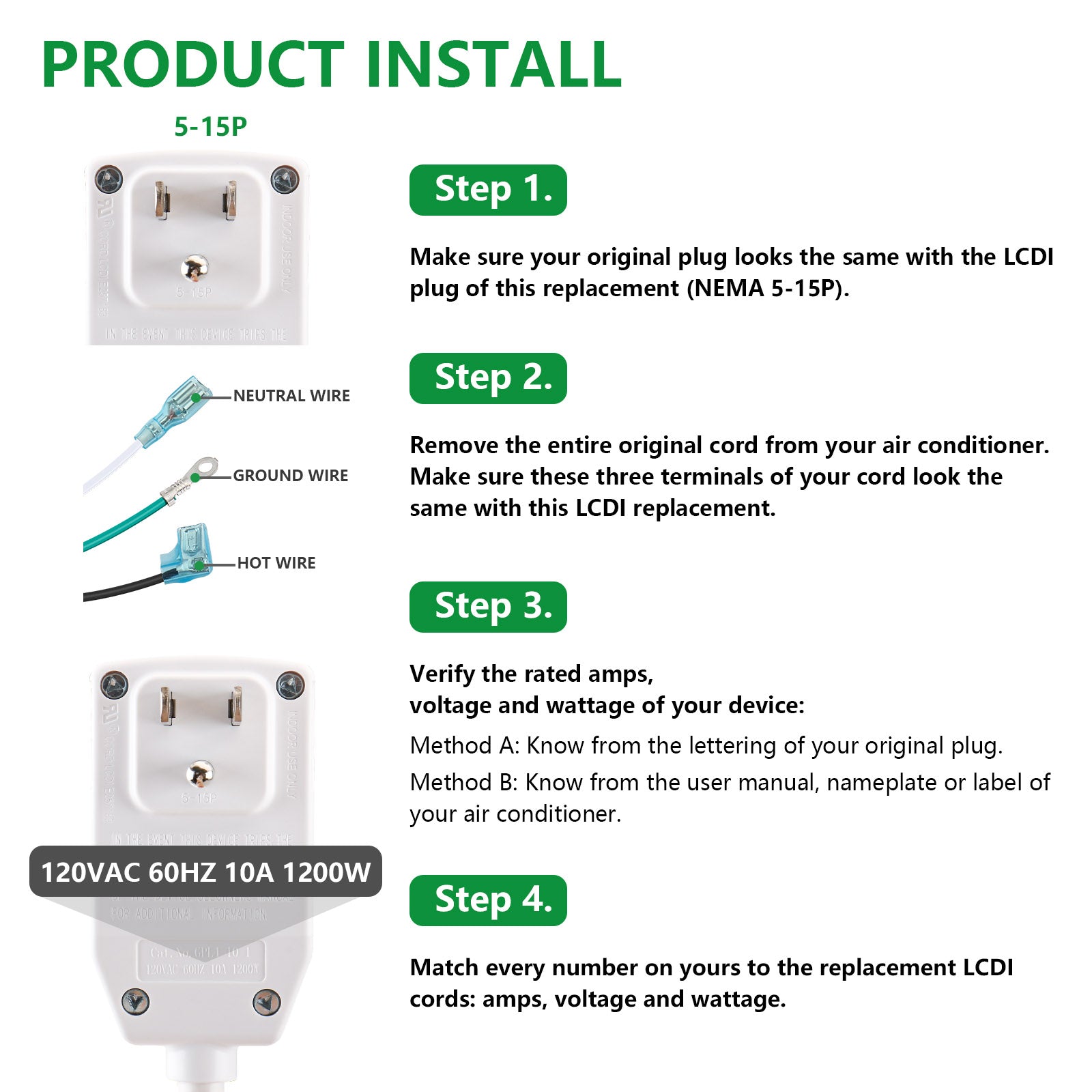 Wengart LCDI Power Cord Plug NEMA5-15P Air Conditioning Extension Cabl